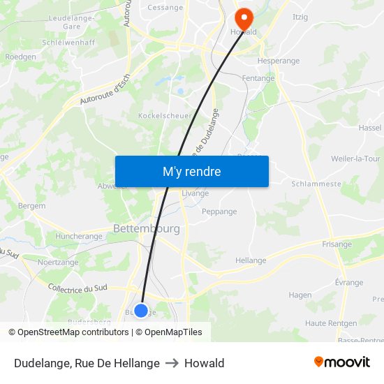 Dudelange, Rue De Hellange to Howald map