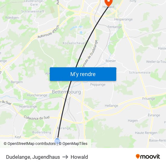 Dudelange, Jugendhaus to Howald map