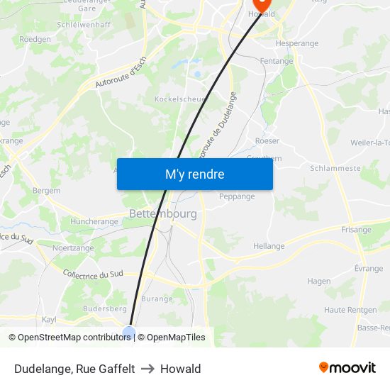 Dudelange, Rue Gaffelt to Howald map