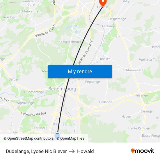 Dudelange, Lycée Nic Biever to Howald map