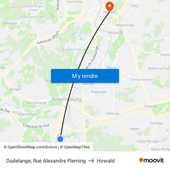 Dudelange, Rue Alexandre Fleming to Howald map
