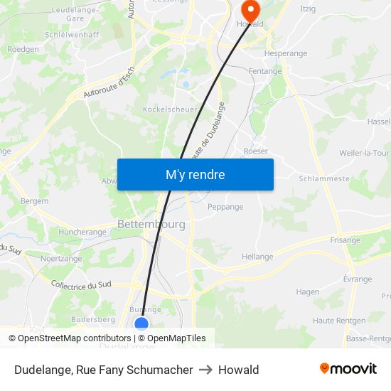 Dudelange, Rue Fany Schumacher to Howald map