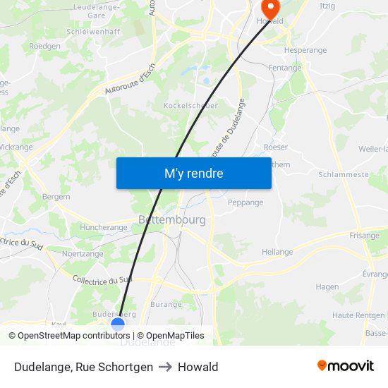 Dudelange, Rue Schortgen to Howald map