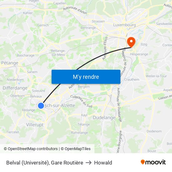 Belval (Université), Gare Routière to Howald map