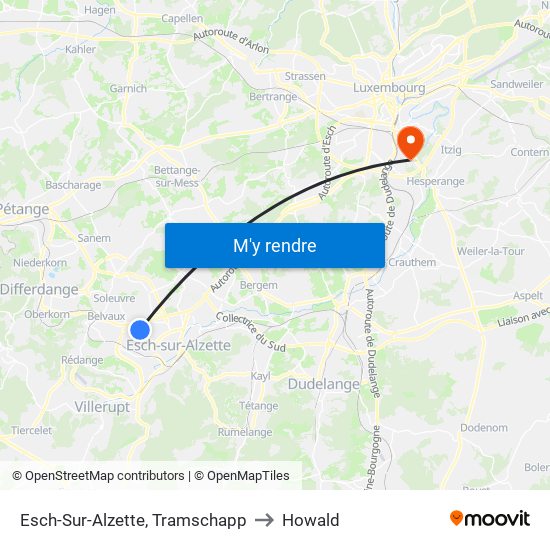 Esch-Sur-Alzette, Tramschapp to Howald map