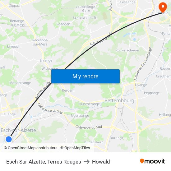 Esch-Sur-Alzette, Terres Rouges to Howald map