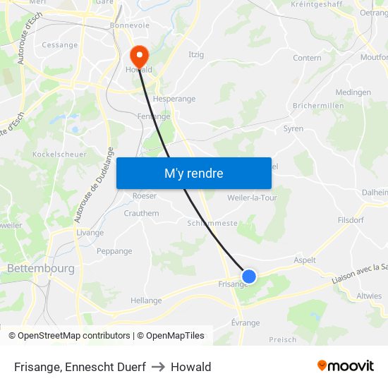 Frisange, Ennescht Duerf to Howald map