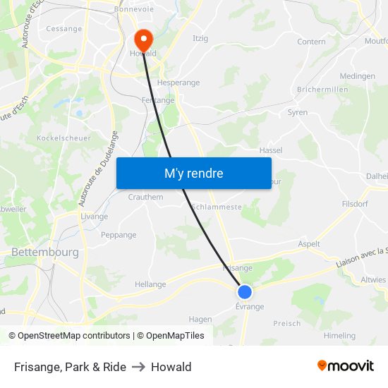 Frisange, Park & Ride to Howald map