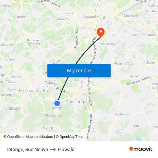 Tétange, Rue Neuve to Howald map