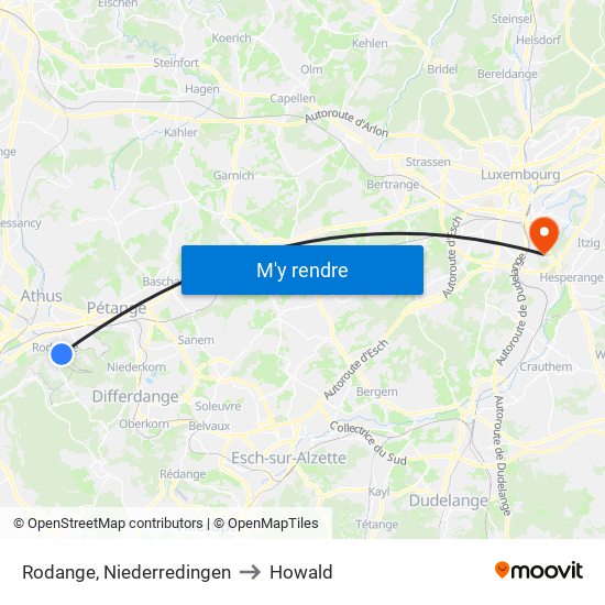 Rodange, Niederredingen to Howald map