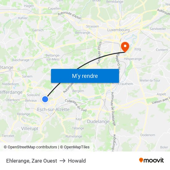 Ehlerange, Zare Ouest to Howald map