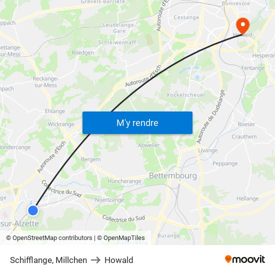 Schifflange, Millchen to Howald map