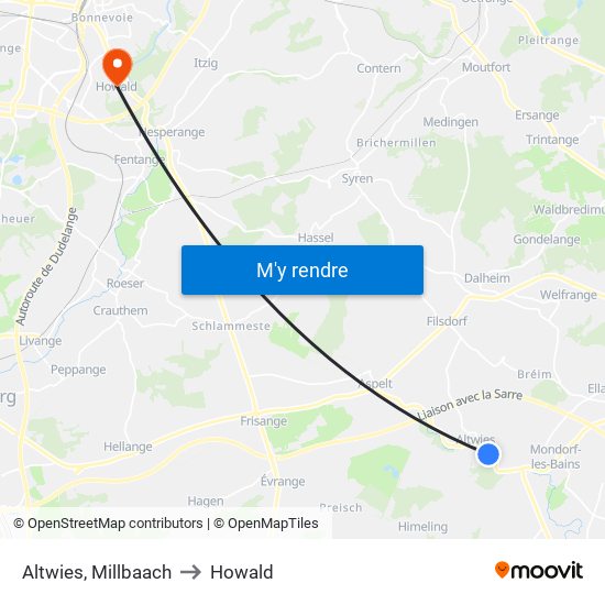 Altwies, Millbaach to Howald map