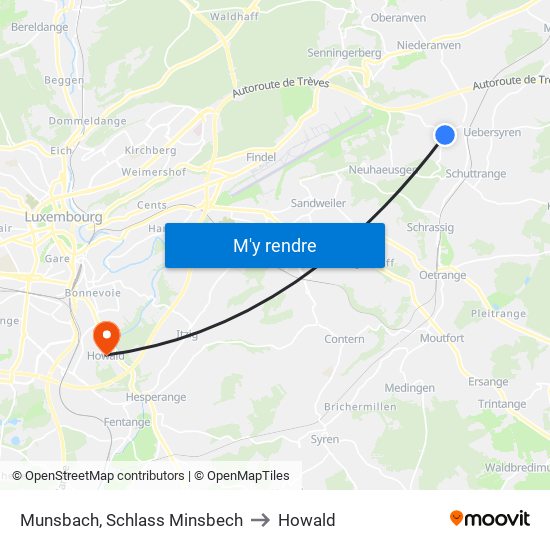 Munsbach, Schlass Minsbech to Howald map