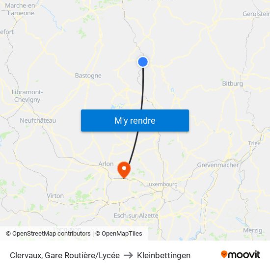 Clervaux, Gare Routière/Lycée to Kleinbettingen map