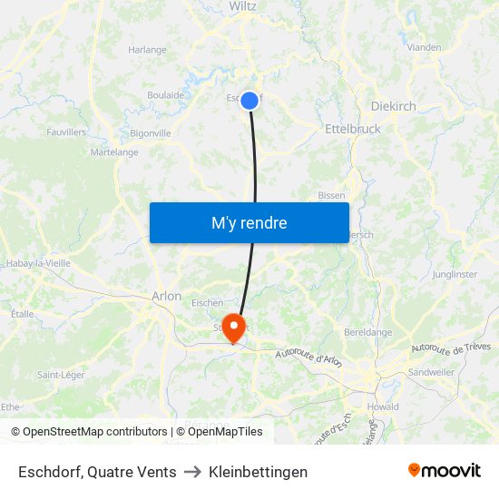 Eschdorf, Quatre Vents to Kleinbettingen map