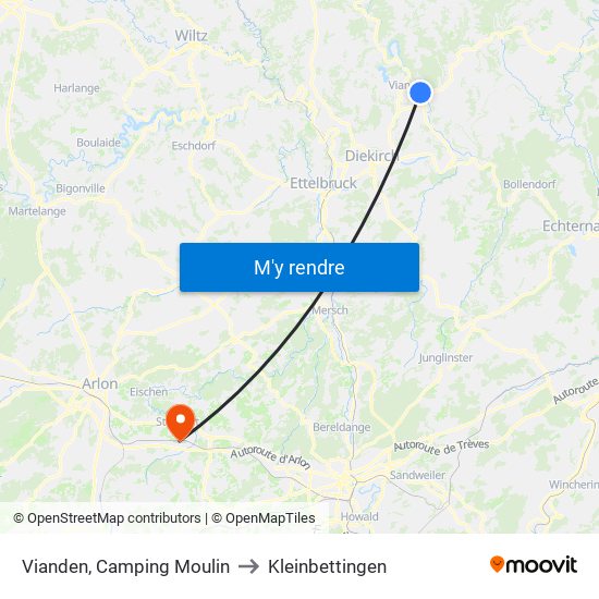 Vianden, Camping Moulin to Kleinbettingen map