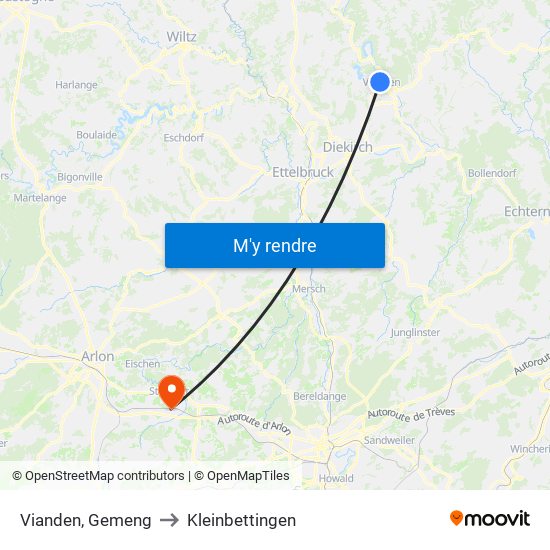 Vianden, Gemeng to Kleinbettingen map