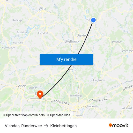 Vianden, Ruoderwee to Kleinbettingen map