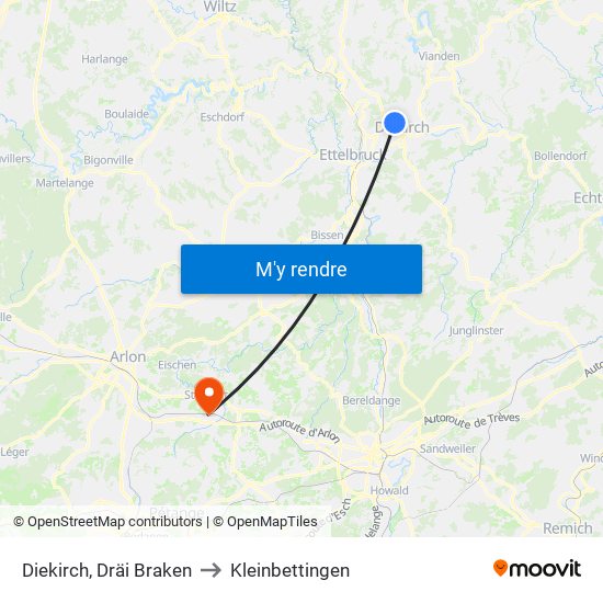 Diekirch, Dräi Braken to Kleinbettingen map