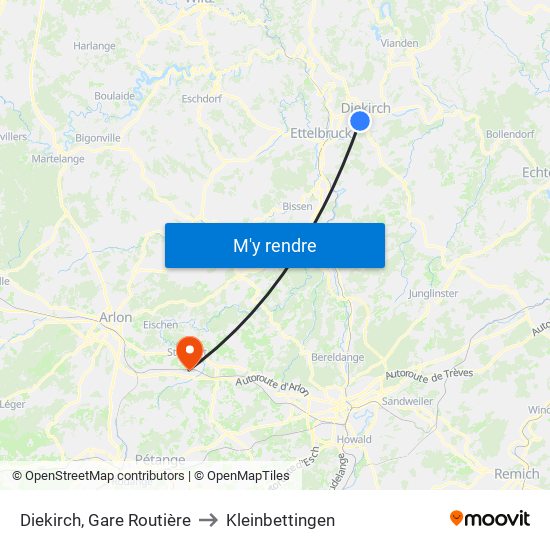Diekirch, Gare Routière to Kleinbettingen map