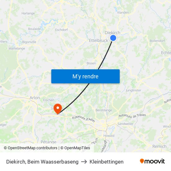Diekirch, Beim Waasserbaseng to Kleinbettingen map