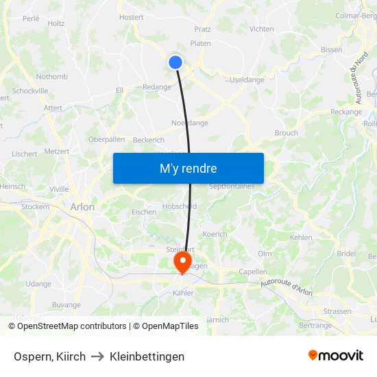 Ospern, Kiirch to Kleinbettingen map