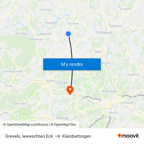 Grevels, Ieweschten Eck to Kleinbettingen map