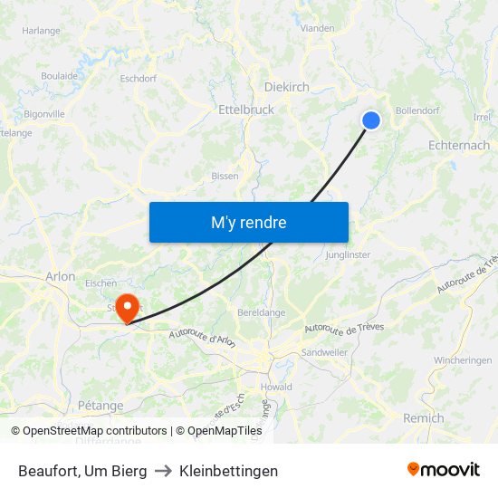 Beaufort, Um Bierg to Kleinbettingen map