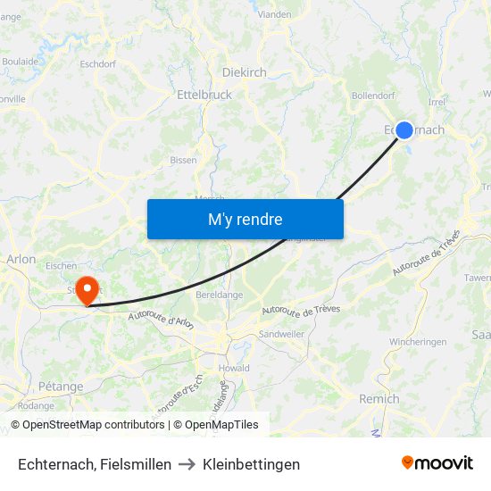 Echternach, Fielsmillen to Kleinbettingen map