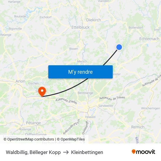 Waldbillig, Bëlleger Kopp to Kleinbettingen map