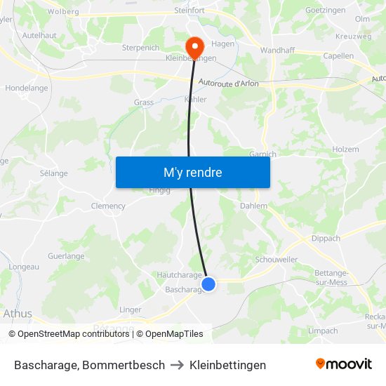 Bascharage, Bommertbesch to Kleinbettingen map