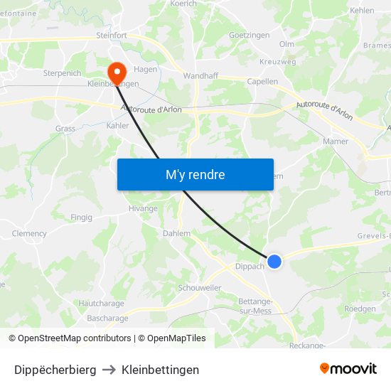 Dippëcherbierg to Kleinbettingen map