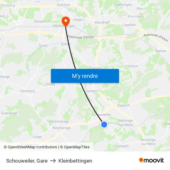 Schouweiler, Gare to Kleinbettingen map