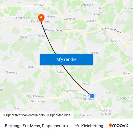 Bettange-Sur-Mess, Dippecherstrooss to Kleinbettingen map