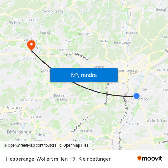 Hesperange, Wollefsmillen to Kleinbettingen map
