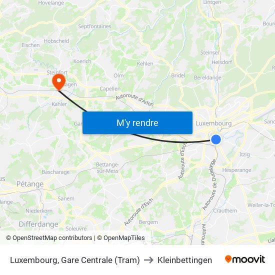 Luxembourg, Gare Centrale (Tram) to Kleinbettingen map