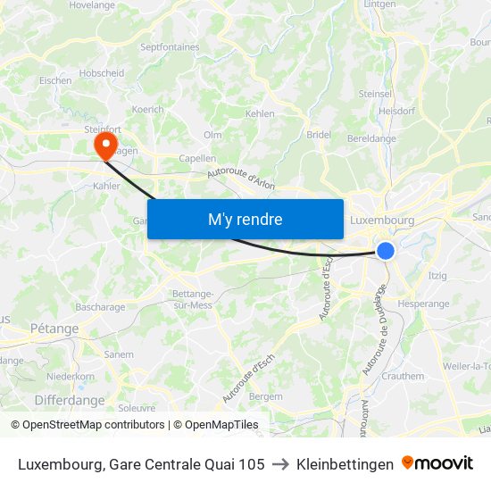 Luxembourg, Gare Centrale Quai 105 to Kleinbettingen map