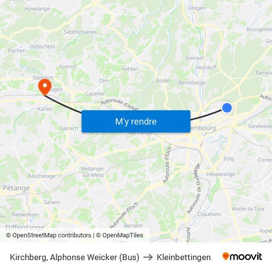 Kirchberg, Alphonse Weicker (Bus) to Kleinbettingen map