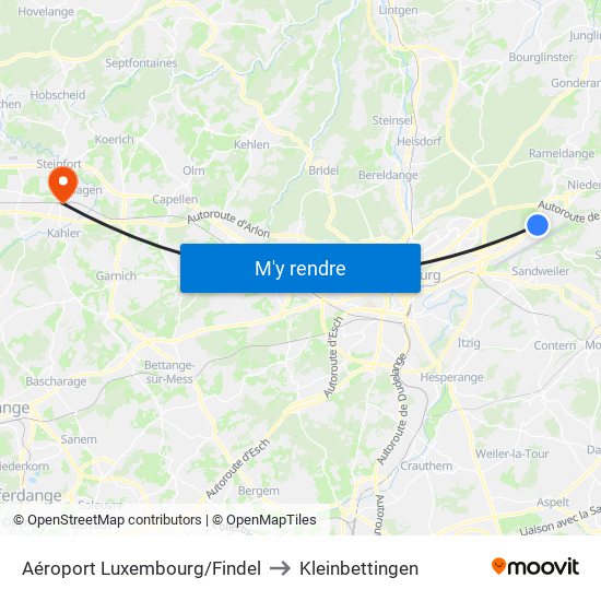 Aéroport Luxembourg/Findel to Kleinbettingen map