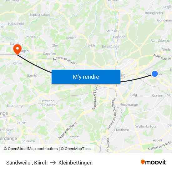 Sandweiler, Kiirch to Kleinbettingen map