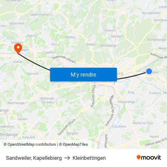 Sandweiler, Kapellebierg to Kleinbettingen map