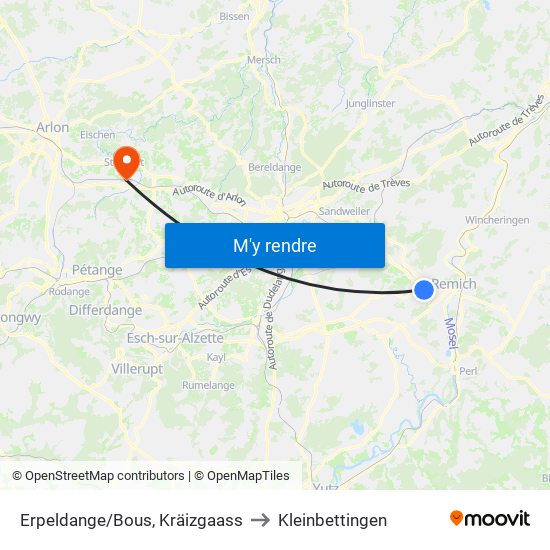 Erpeldange/Bous, Kräizgaass to Kleinbettingen map