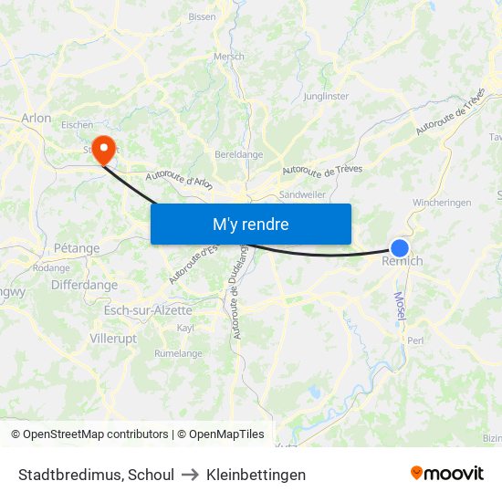 Stadtbredimus, Schoul to Kleinbettingen map