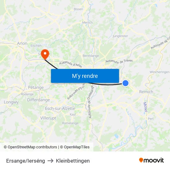 Ersange/Ierséng to Kleinbettingen map
