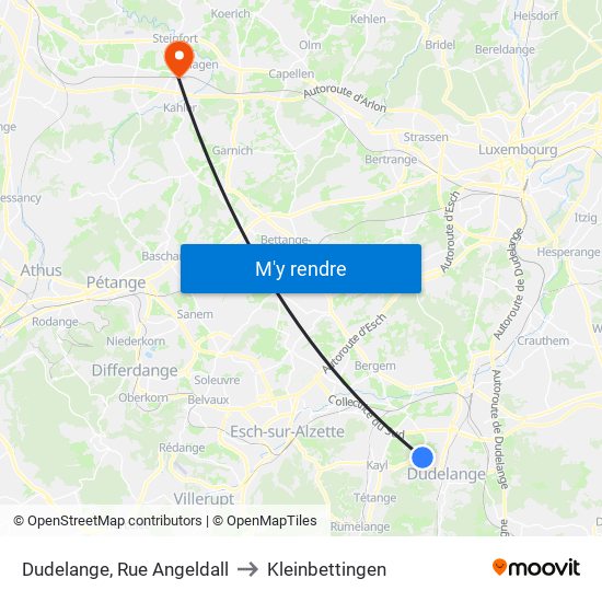 Dudelange, Rue Angeldall to Kleinbettingen map