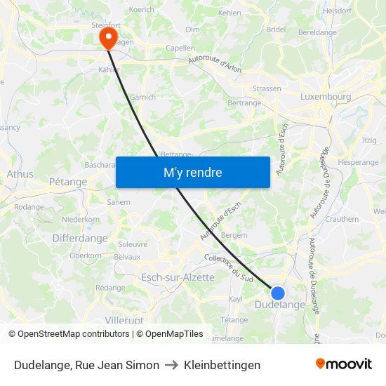 Dudelange, Rue Jean Simon to Kleinbettingen map