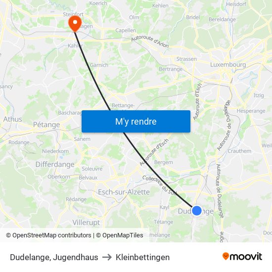 Dudelange, Jugendhaus to Kleinbettingen map