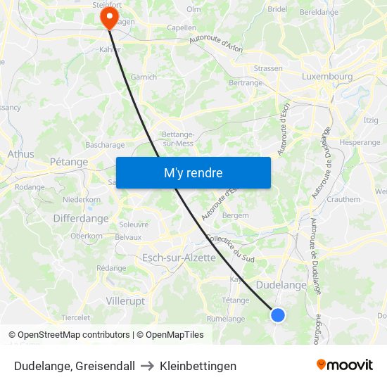 Dudelange, Greisendall to Kleinbettingen map