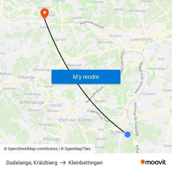 Dudelange, Kräizbierg to Kleinbettingen map